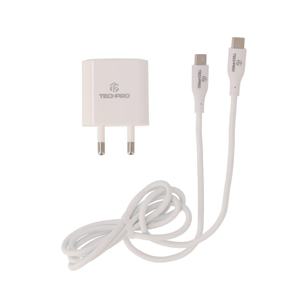 อะแดปเตอร์ TECHPRO Wall USB Charger 1 USB-C (PD20W) พร้อมสายชาร์จ USB-C to USB-C Cable 1M. White