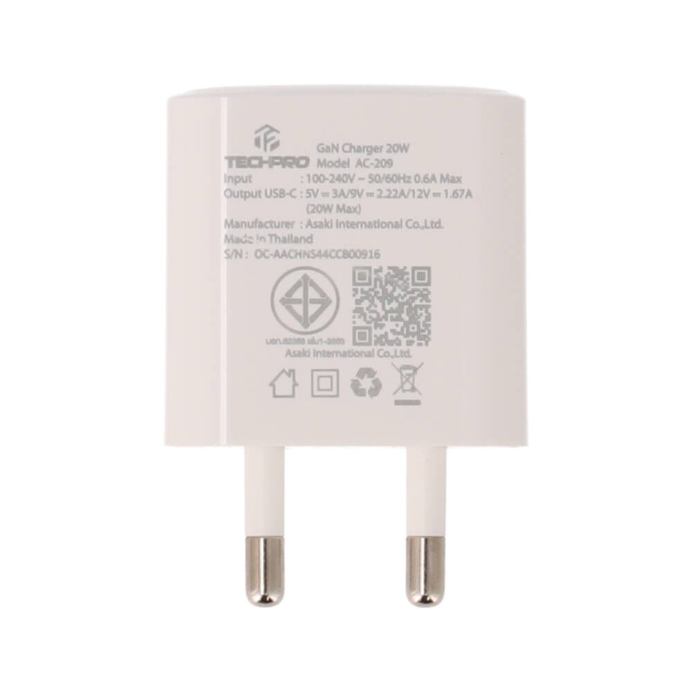 อะแดปเตอร์ TECHPRO Wall USB Charger 1 USB-C (PD20W) พร้อมสายชาร์จ USB-C to USB-C Cable 1M. White