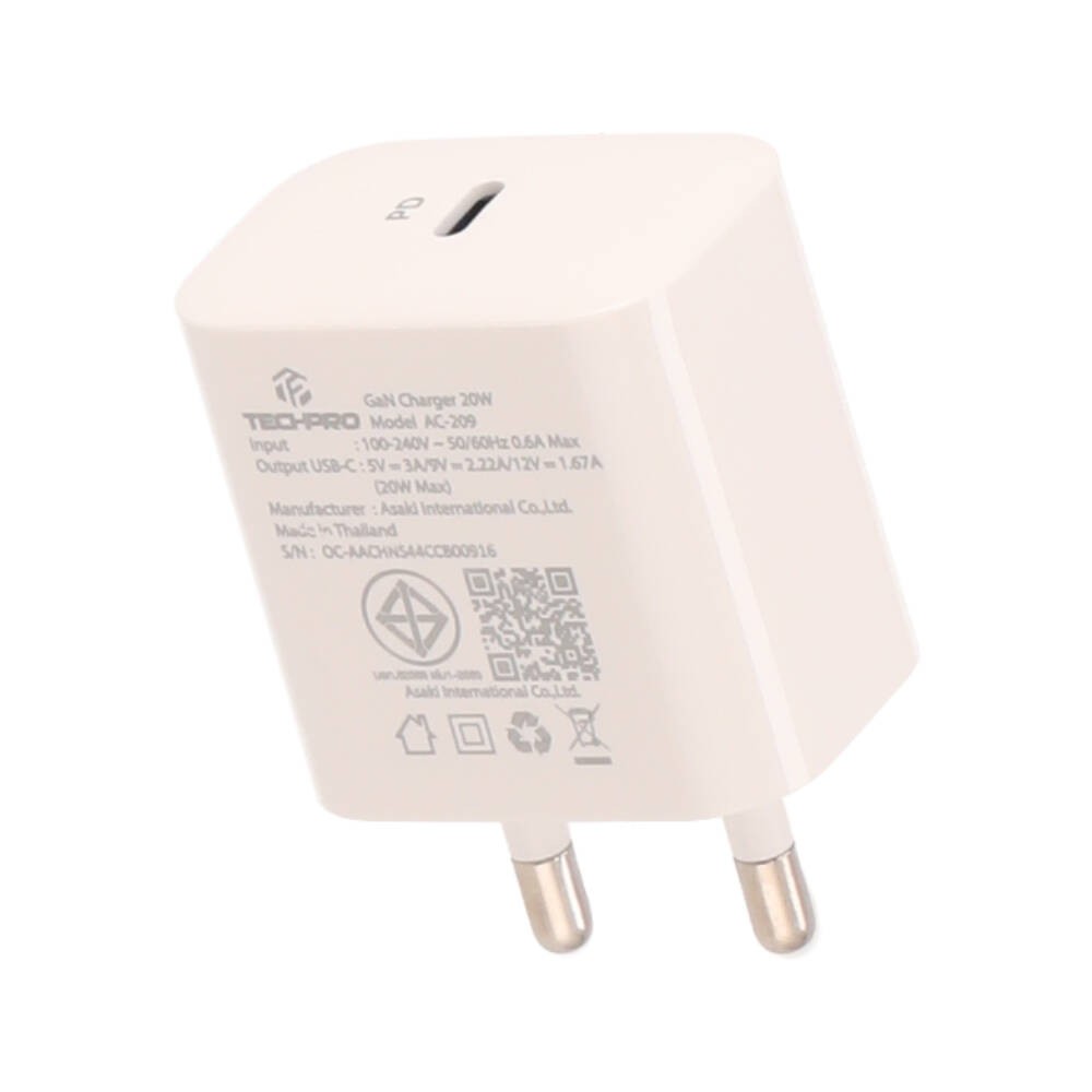 อะแดปเตอร์ TECHPRO Wall USB Charger 1 USB-C (PD20W) พร้อมสายชาร์จ USB-C to USB-C Cable 1M. White
