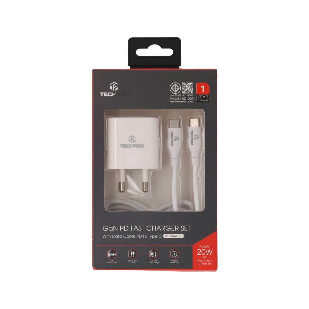 อะแดปเตอร์ TECHPRO Wall USB Charger 1 USB-C (PD20W) พร้อมสายชาร์จ USB-C to USB-C Cable 1M. White