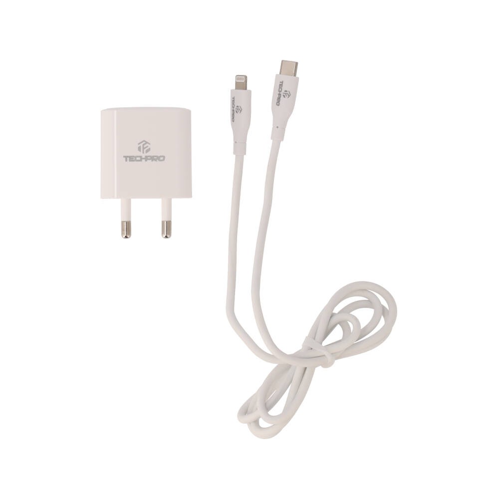 อะแดปเตอร์ TECHPRO Wall USB Charger 1 USB-C (PD20W) พร้อมสายชาร์จ USB-C to Lightning Cable 1M. White