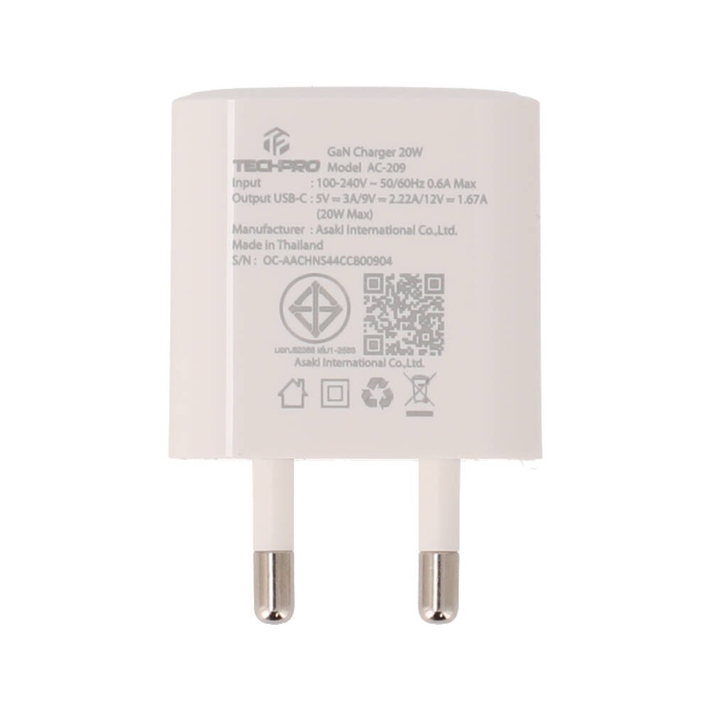 อะแดปเตอร์ TECHPRO Wall USB Charger 1 USB-C (PD20W) พร้อมสายชาร์จ USB-C to Lightning Cable 1M. White