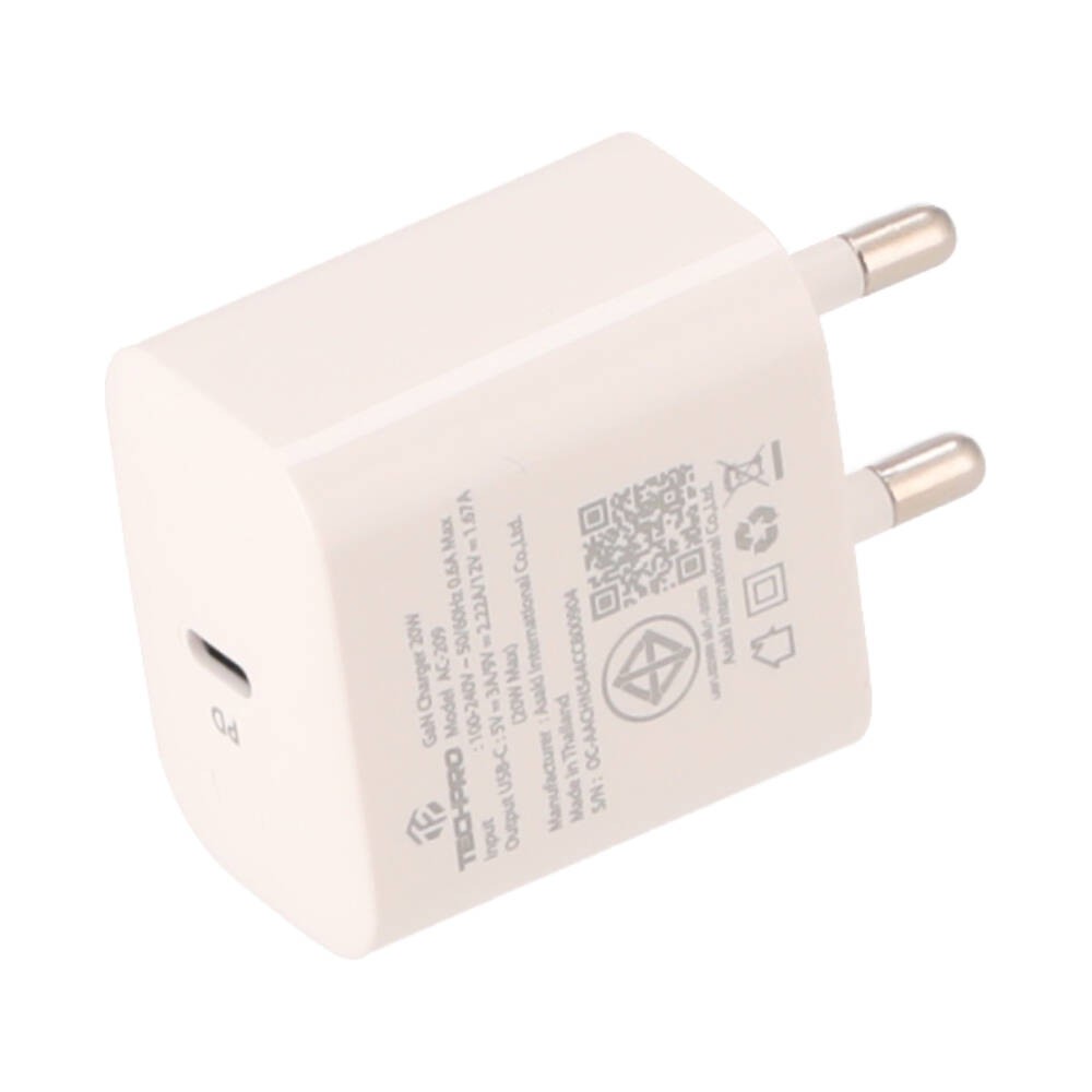 อะแดปเตอร์ TECHPRO Wall USB Charger 1 USB-C (PD20W) พร้อมสายชาร์จ USB-C to Lightning Cable 1M. White
