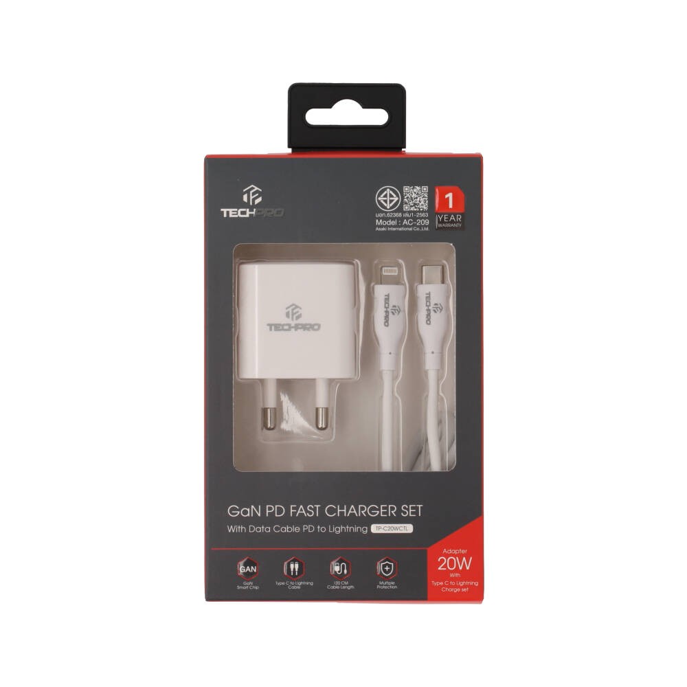 อะแดปเตอร์ TECHPRO Wall USB Charger 1 USB-C (PD20W) พร้อมสายชาร์จ USB-C to Lightning Cable 1M. White