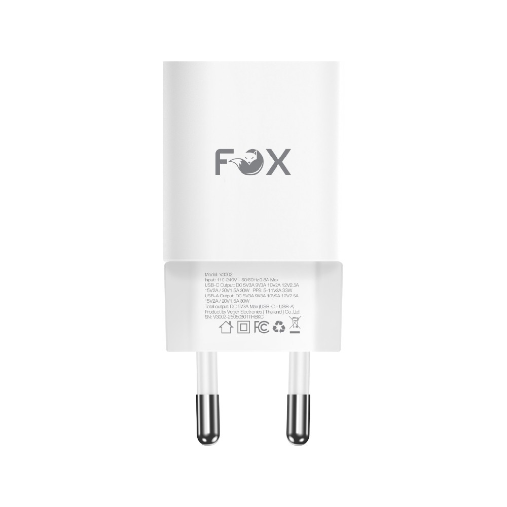 อะแดปเตอร์ FOX Wall USB Charger 1 USB-A (QC3.0A)/1 USB-C (PD30W) FOX-V3002 White
