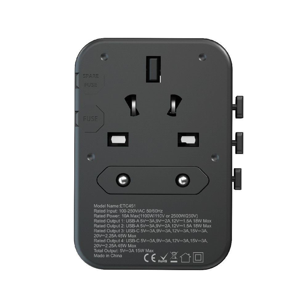 หัวแปลงปลั๊กไฟ Energizer Universal Travel USB Ports 45W (ETC451) Black