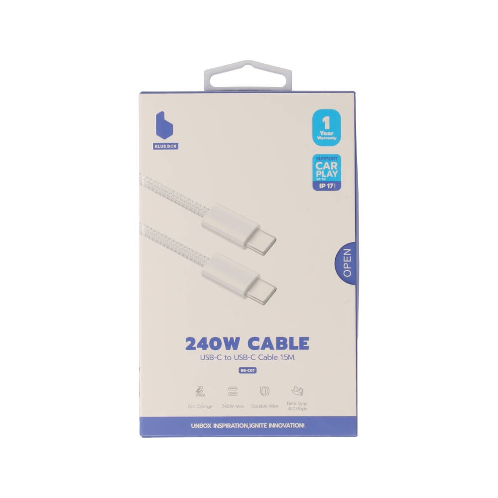 สายชาร์จ Blue Box USB-C to USB-C 240W Super Fast Charge Knitting White (BB-C07)