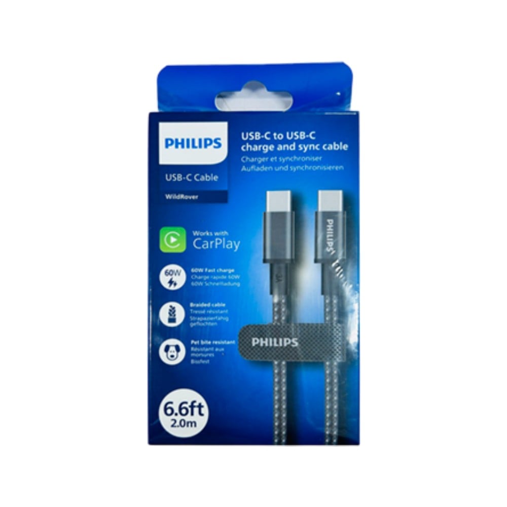 สายชาร์จ Philips USB-C to USB-C Cable 60W Braided 2M Black (DLC5060C/00)