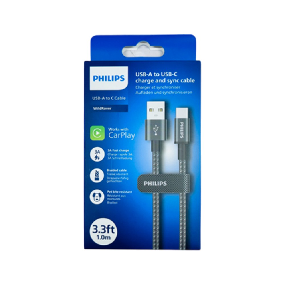 สายชาร์จ Philips USB-A to USB-C Cable 60W Braided 1M Black (DLC5030A/00)