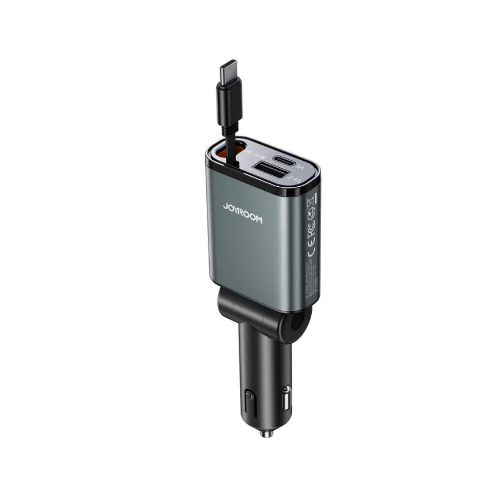 ที่ชาร์จแบตในรถ JOYROOM 3-in-1 Retractable Car Charger 1 USB-A / 1 USB-C / USB-C Cable (PD45W) Dark Gray (JR-CCL07)
