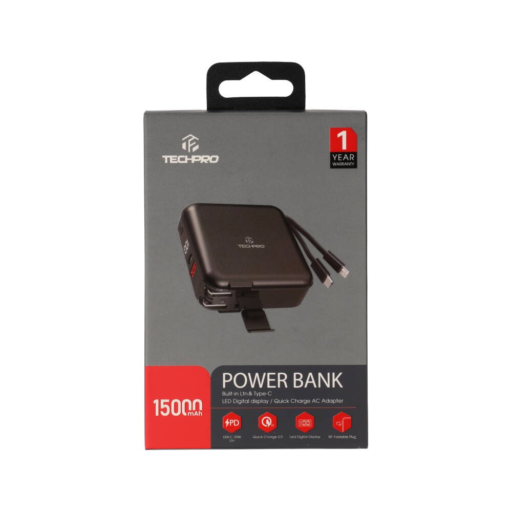 พาวเวอร์แบงค์ TECHPRO 15000 mAh built-in Lightning/Type-C cable (BC19) N Black