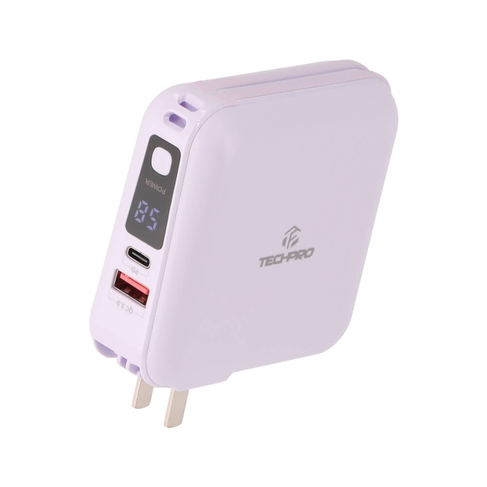 พาวเวอร์แบงค์ TECHPRO 15000 mAh built-in Lightning/Type-C cable (BC19) N Purple