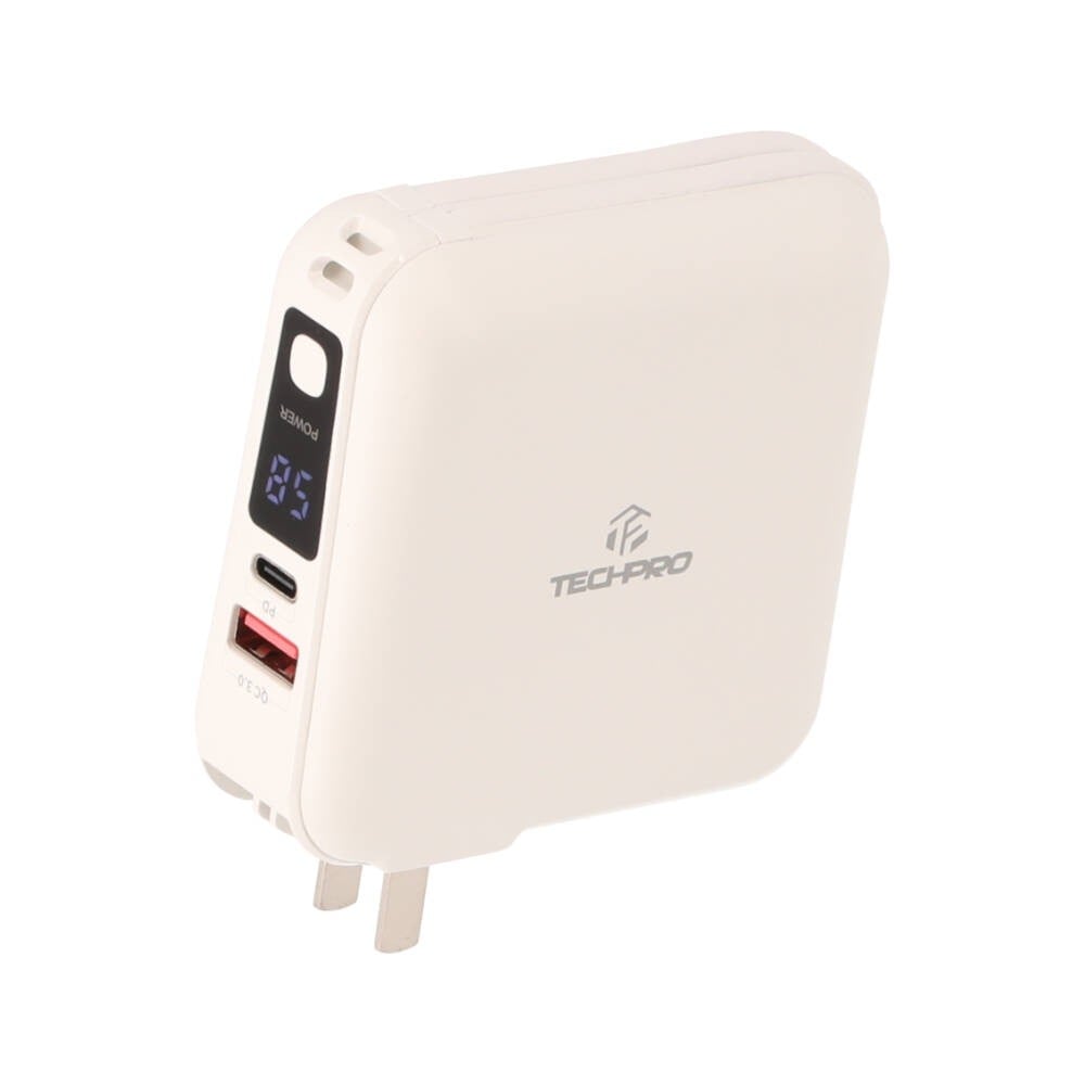พาวเวอร์แบงค์ TECHPRO 15000 mAh built-in Lightning/Type-C cable (BC19) N White