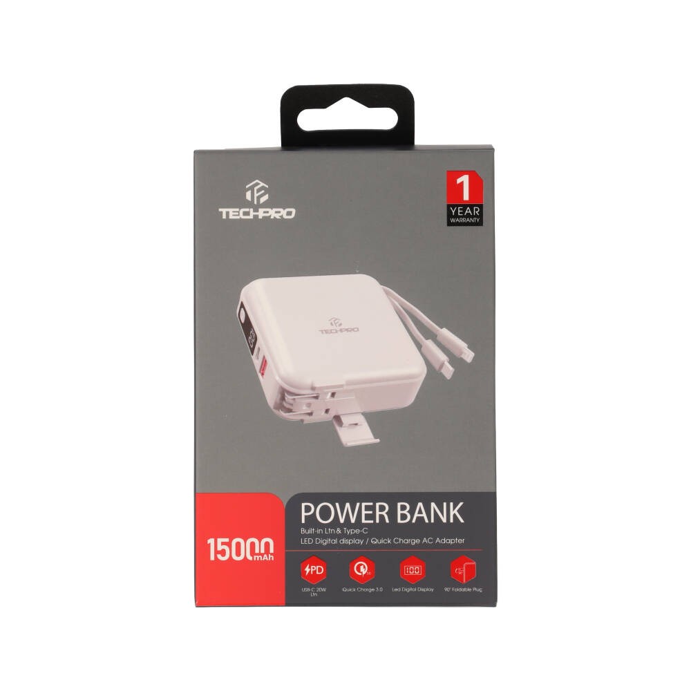 พาวเวอร์แบงค์ TECHPRO 15000 mAh built-in Lightning/Type-C cable (BC19) N White