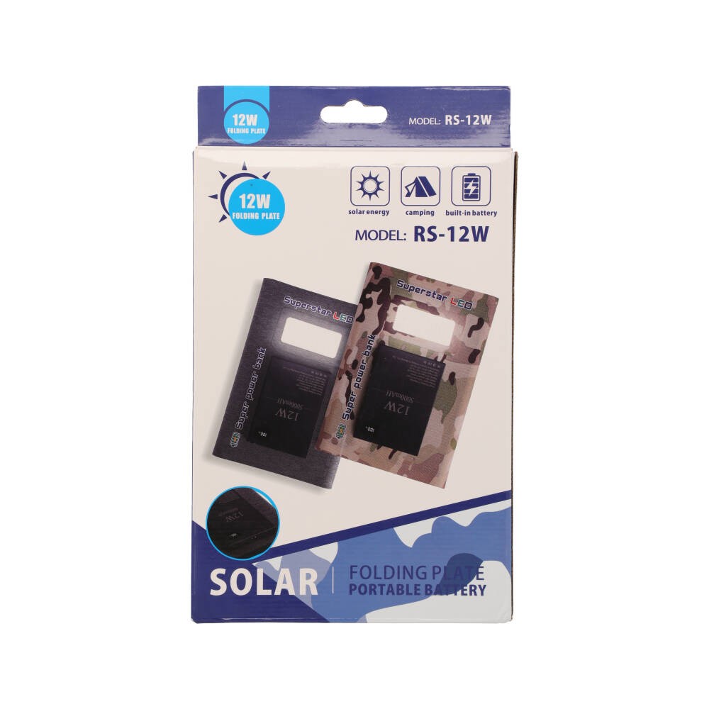 แผงโซล่าเซลล์พกพา Portable Solar Charger 3 in 1 พร้อมไฟ LED รุ่น RS-12W