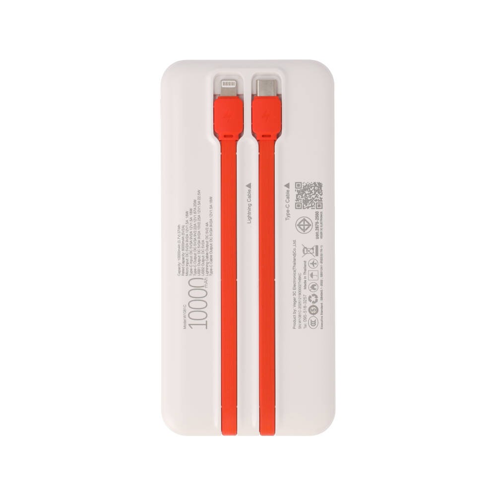 พาวเวอร์แบงค์ TECHPRO 10000 mAh PD with Built-in USB-C/Lighting W1081C White (CCC)