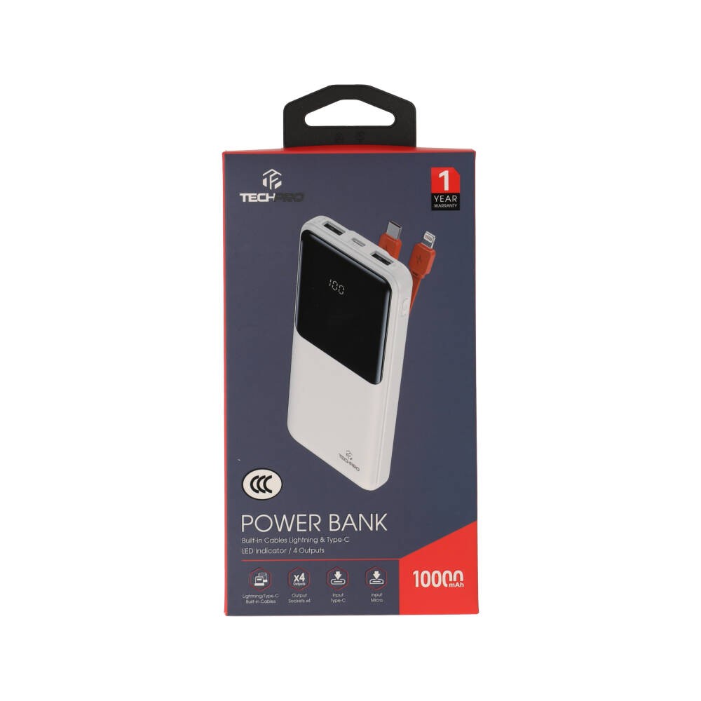 พาวเวอร์แบงค์ TECHPRO 10000 mAh PD with Built-in USB-C/Lighting W1081C White (CCC)