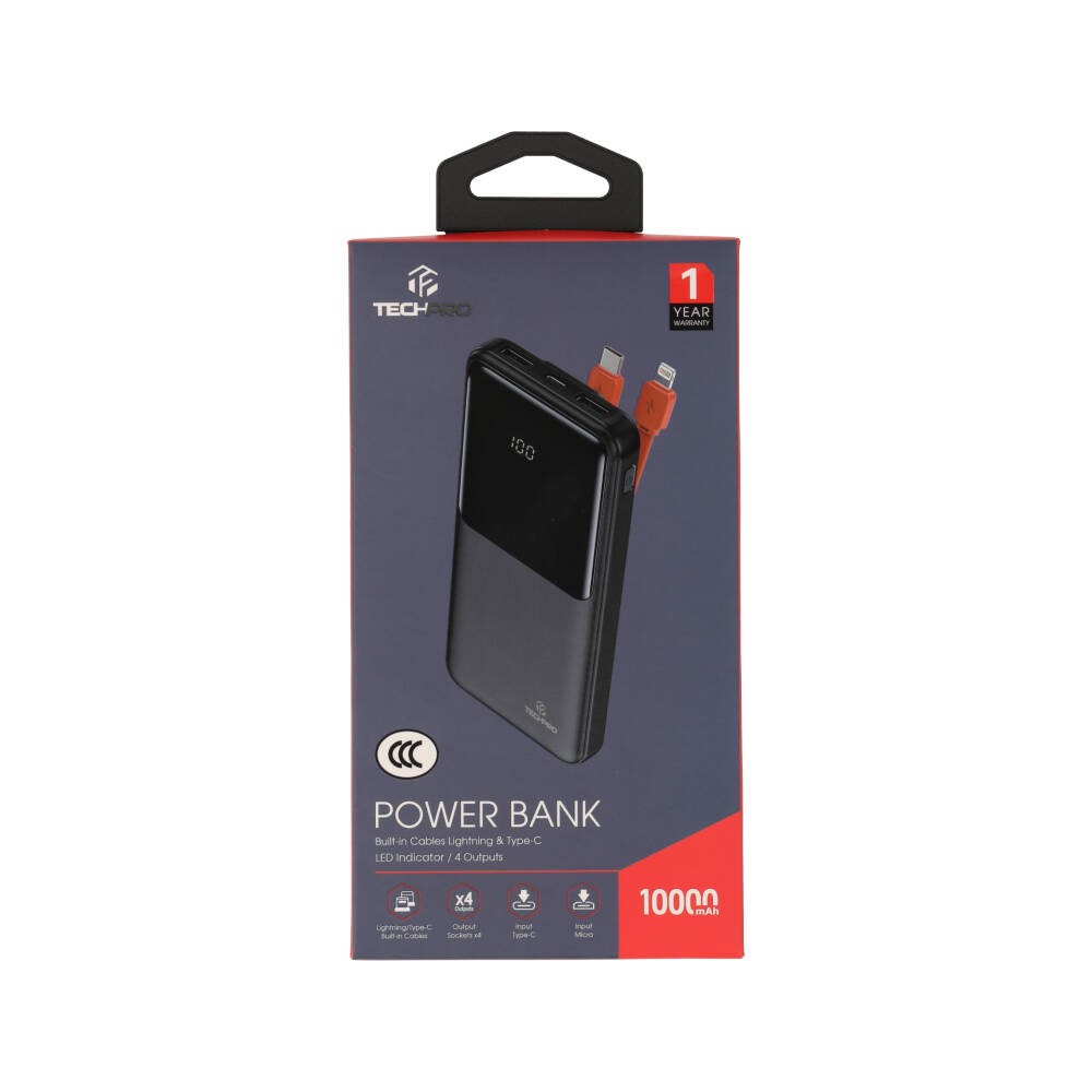 พาวเวอร์แบงค์ TECHPRO 10000 mAh PD with Built-in USB-C/Lighting W1081C Black (CCC)