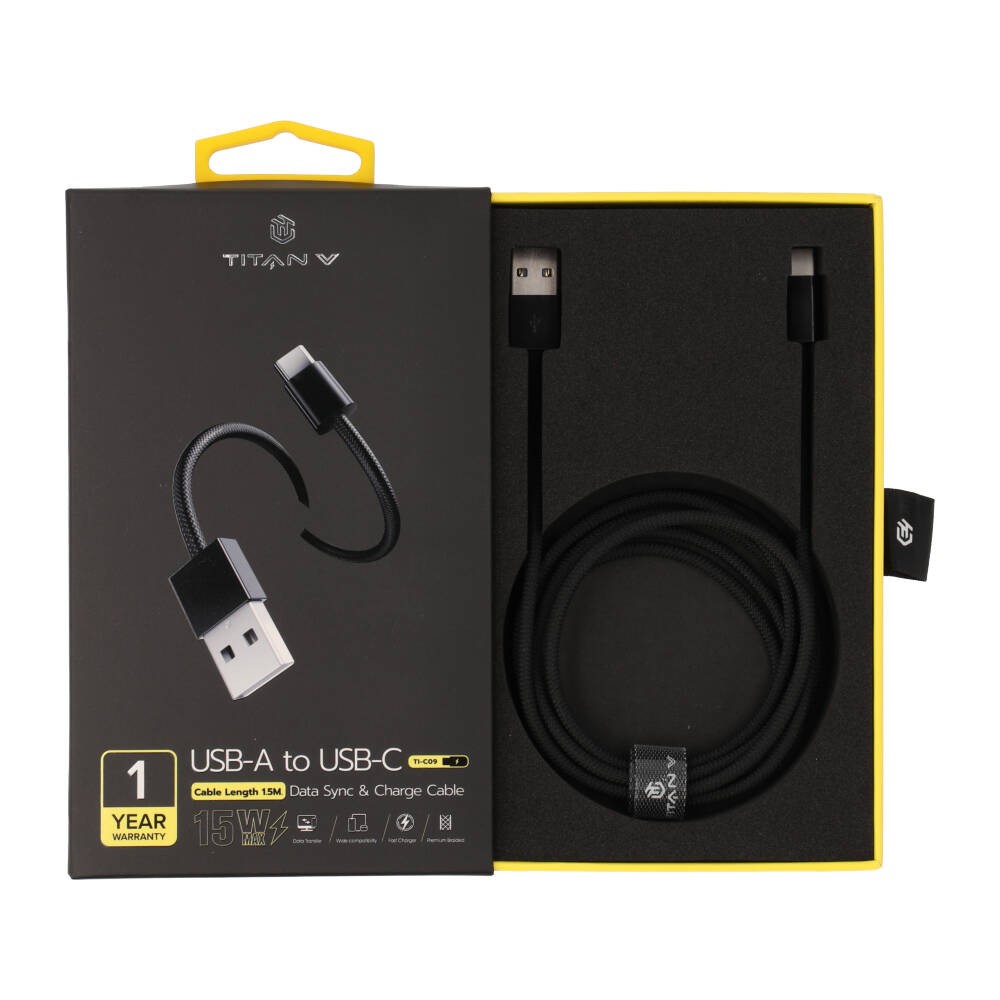 สายชาร์จ TITANV USB-A to USB-C 3A 1.5M. Knitting Black (TI-C09)
