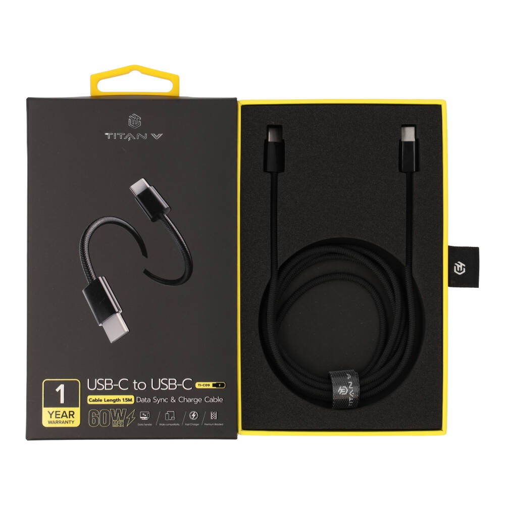สายชาร์จ TITANV USB-C to USB-C 60W Super Fast Charge & Data Sync 1.5M. Knitting Black (TI-C09)