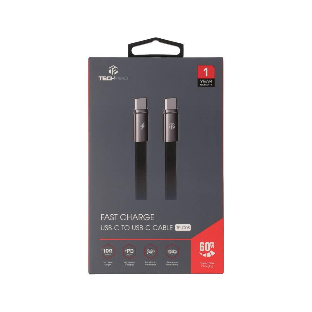 สายชาร์จ TECHPRO USB-C to USB-C 60W 1M. Flex Link Black (TP-C08)