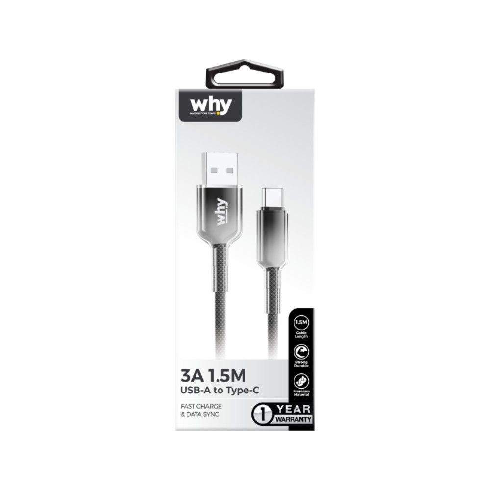สายชาร์จ WHY USB-A to USB-C 3A Jello 1.5M Black (UC-4223C)