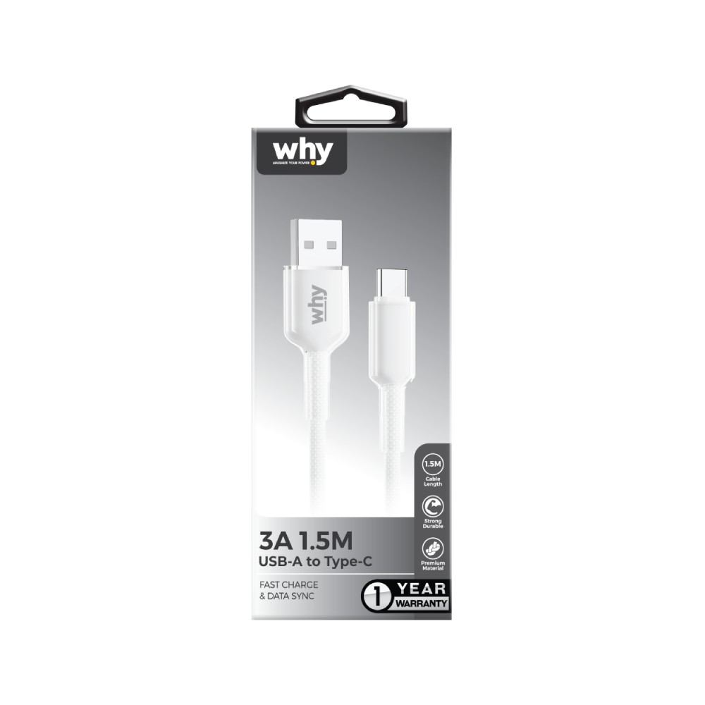 สายชาร์จ WHY USB-A to USB-C 3A Jello 1.5M White (UC-4223C)