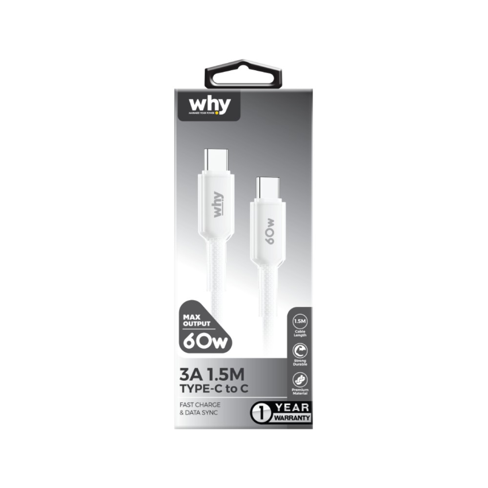 สายชาร์จ WHY USB-C to USB-C 60W Jello 1.5M White (UC-4193C)