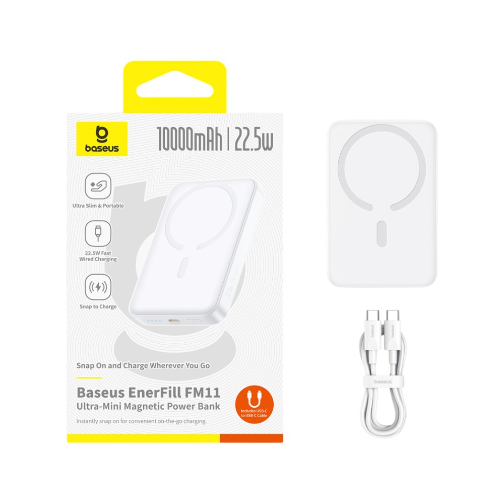 พาวเวอร์แบงค์ Baseus 10000 mAh EnerFill FM11 Ultra-Mini Magnetic 22.5W Moon White (CCC)