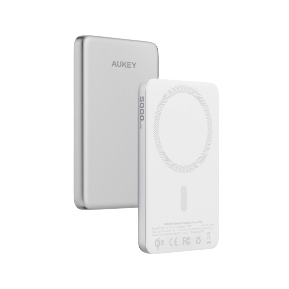 พาวเวอร์แบงค์ AUKEY 5000mAh Mag Qi2 M PD20W PB-MS07A Silver White (CCC)