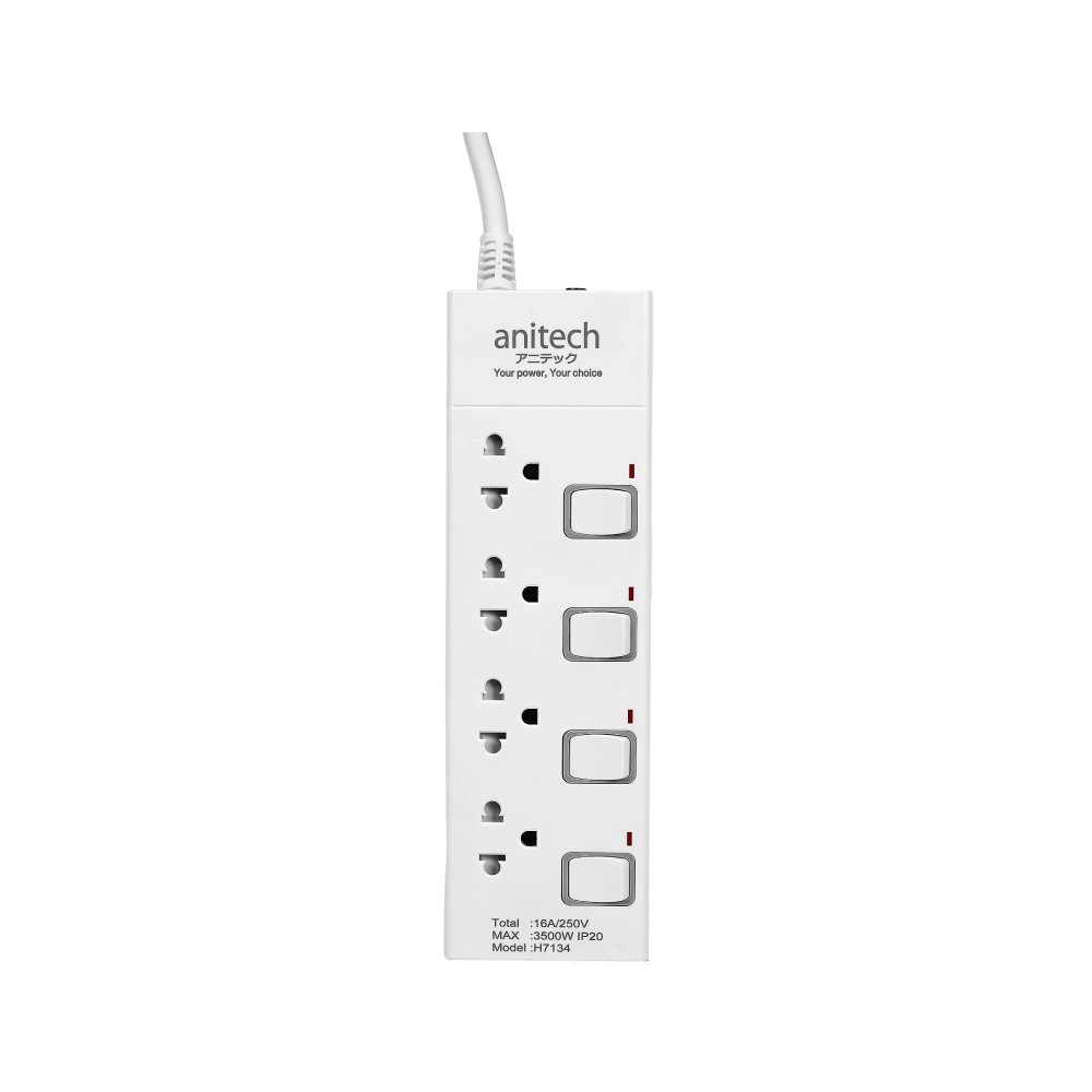 ปลั๊กไฟ Anitech TIS Plug 3600W 4 Socket 4 Switch 3M. H7143 White