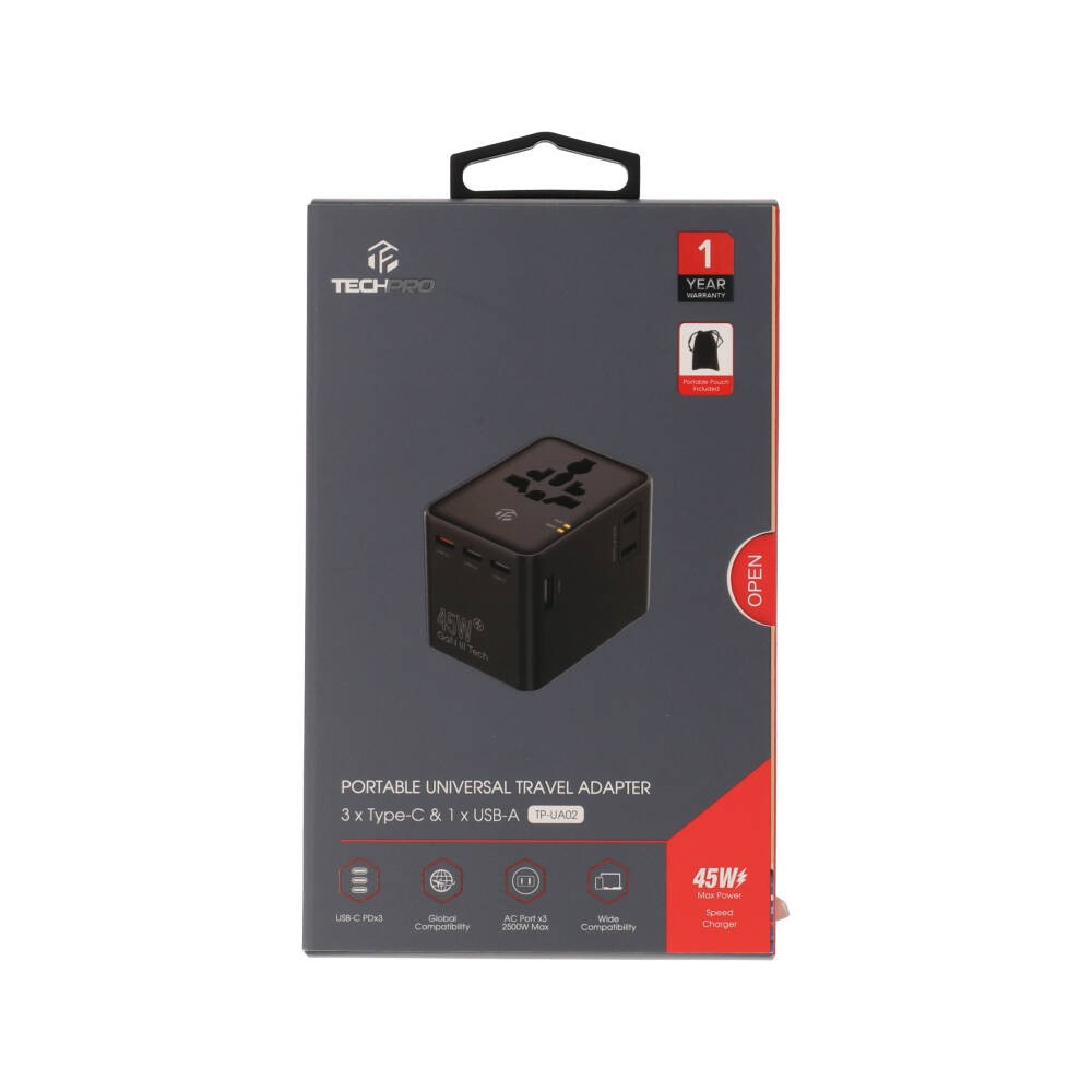 หัวแปลงปลั๊กไฟ TECHPRO Multifunction Universal Travel Adapter 45W GaN3 (TP-UA02) Black
