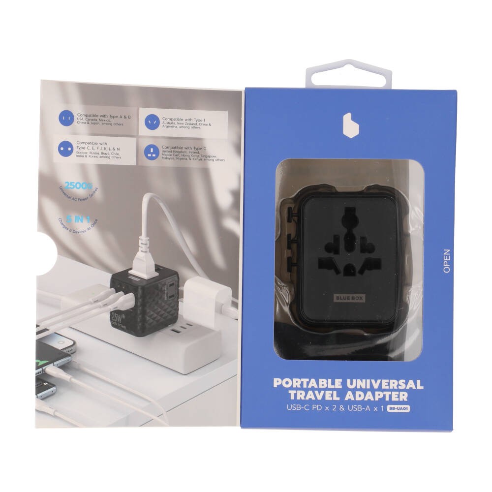 หัวแปลงปลั๊กไฟ Blue Box Multifunction Universal Travel Adapter 25W GaN3 (BB-UA01) Black