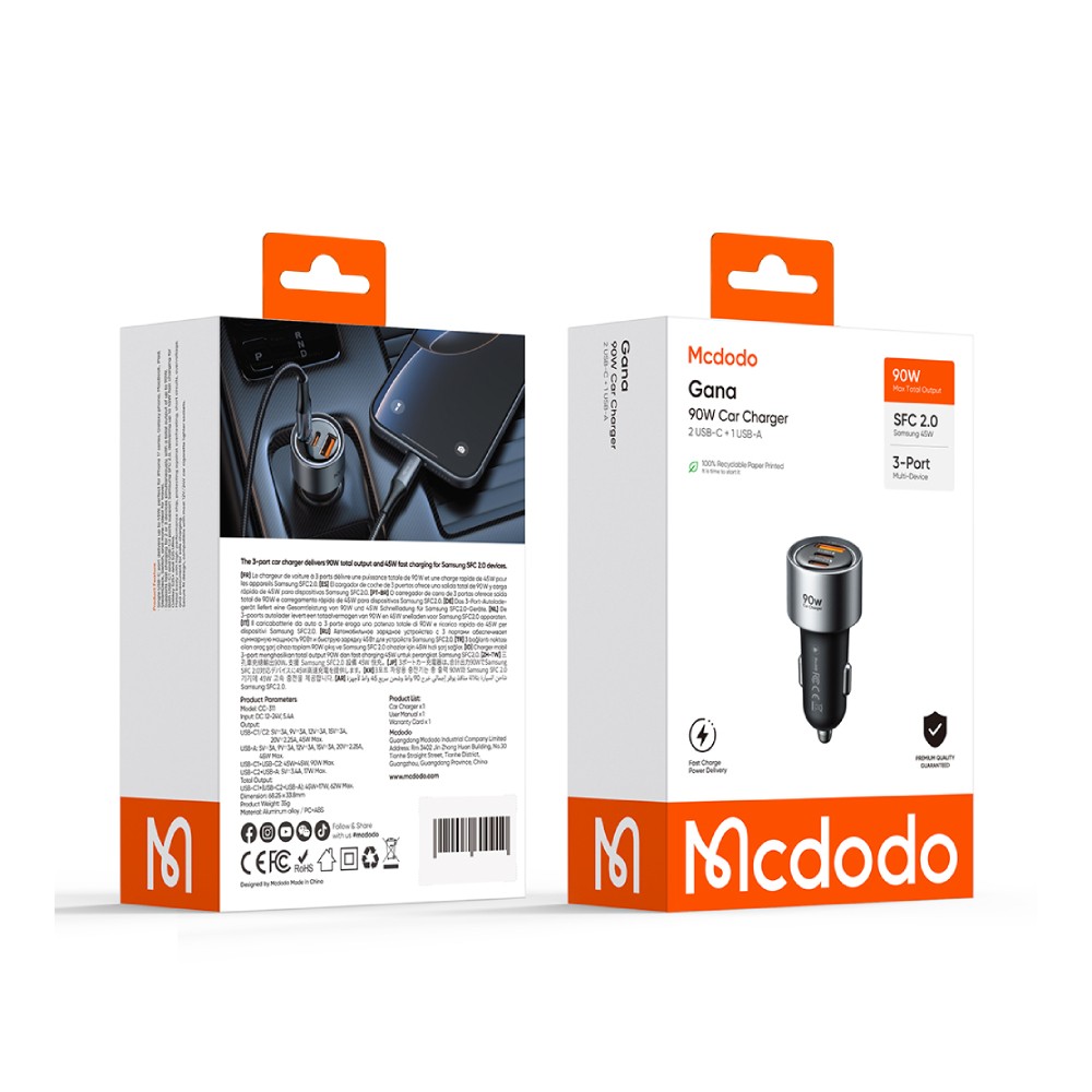 ที่ชาร์จแบตในรถ MCDODO Car Charger 1 USB-A / 2 USB-C (PD90W) Black