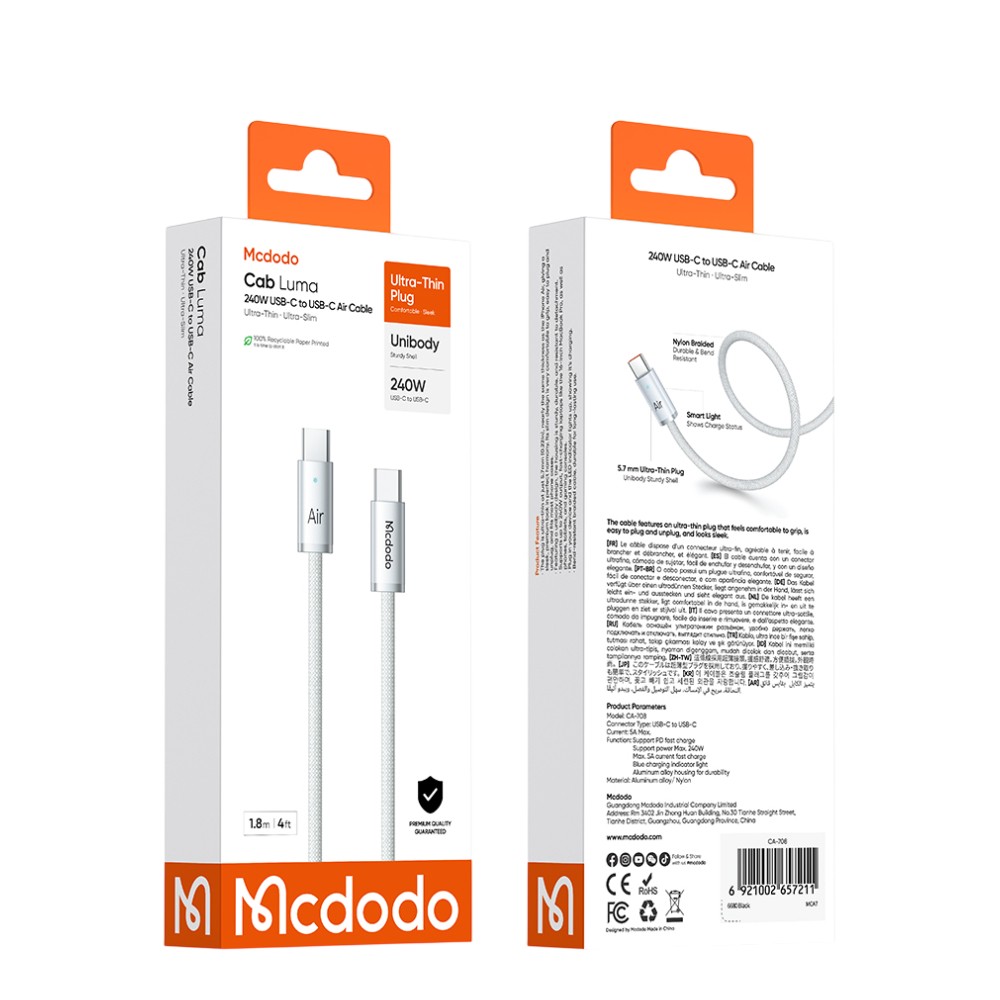 สายชาร์จ MCDODO USB-C to USB-C 240W Cable 1.8M White (CA-7083)