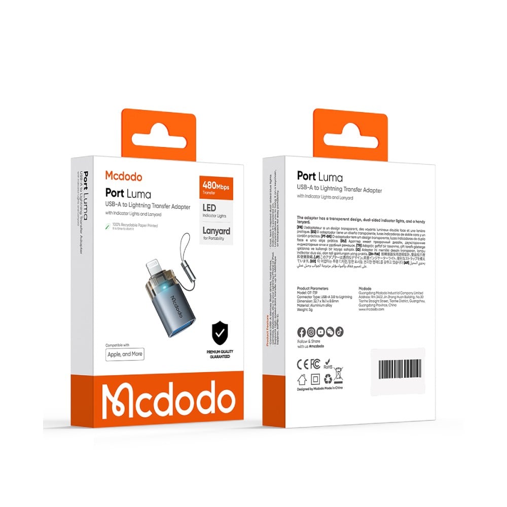 ตัวแปลง MCDODO USB-A to Lightning 480Mbps Transfer Adapter with Indicator Lights and Lanyard Gray