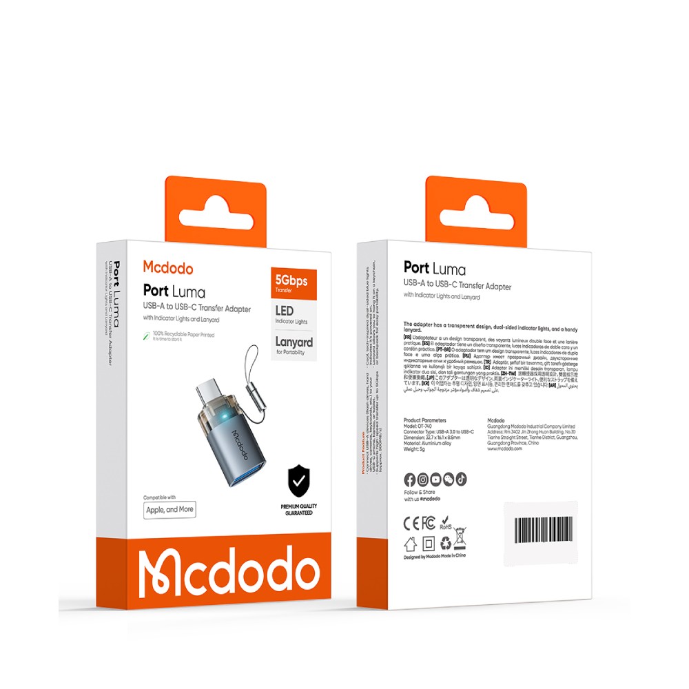 ตัวแปลง MCDODO USB-A to USB-C 5Gbps Transfer Adapter with Indicator Lights and Lanyard Gray