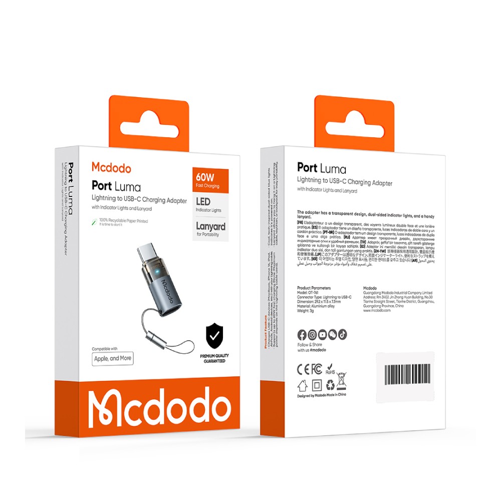 ตัวแปลง MCDODO Lightning to USB-C 60W Charging Adapter with Indicator Lights and Lanyard Gray