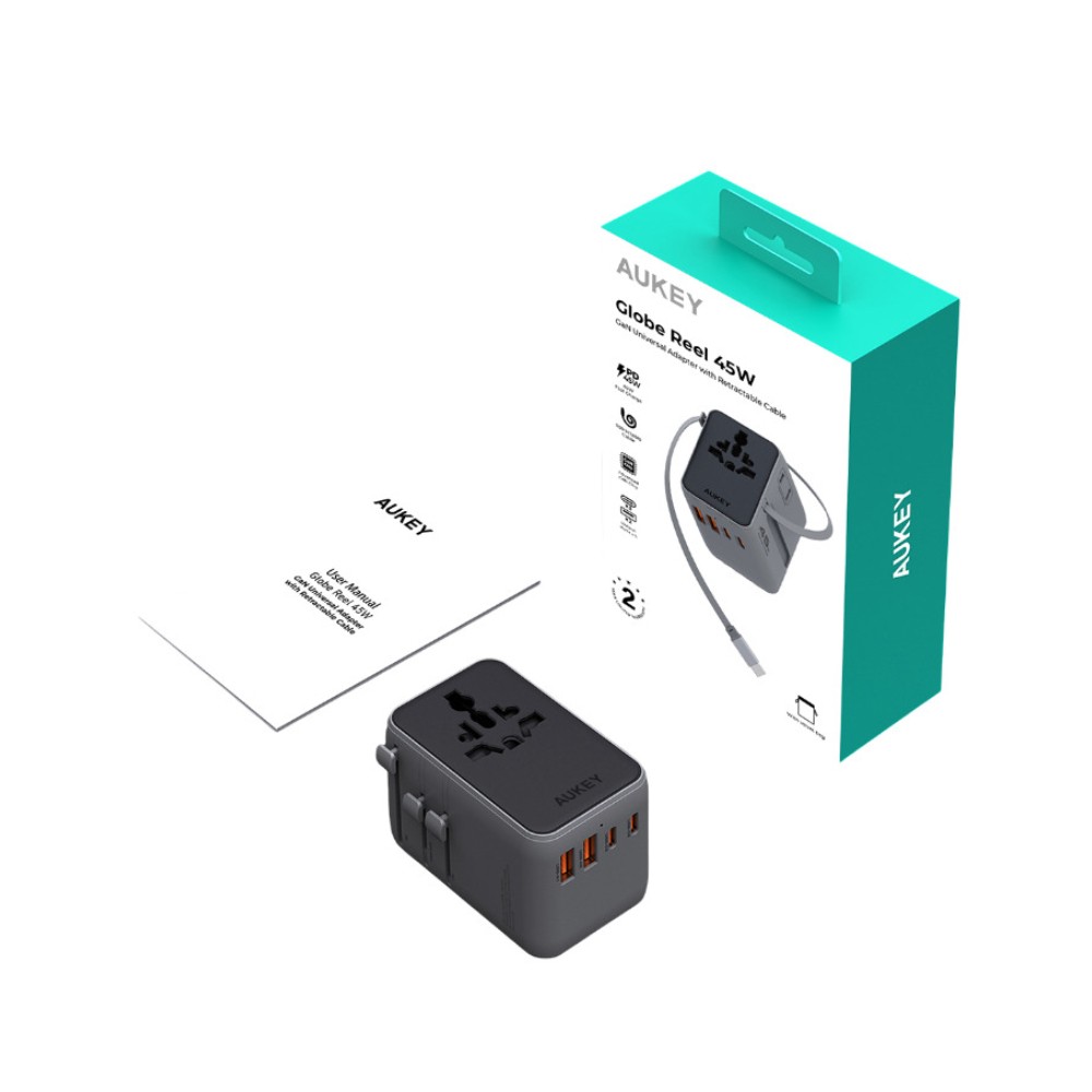 หัวแปลงปลั๊กไฟ AUKEY Globe Reel 45W GaN Universal Adapter with Retractable Cable (PA-TA13)