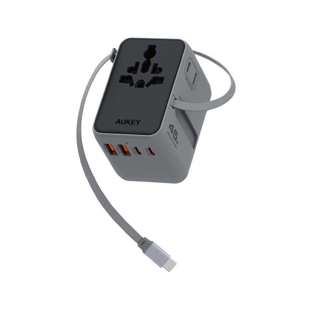 หัวแปลงปลั๊กไฟ AUKEY Globe Reel 45W GaN Universal Adapter with Retractable Cable (PA-TA13)