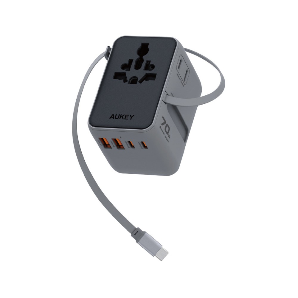 หัวแปลงปลั๊กไฟ AUKEY Globe Reel 70W GaN Universal Adapter with Retractable Cable (PA-TA14)