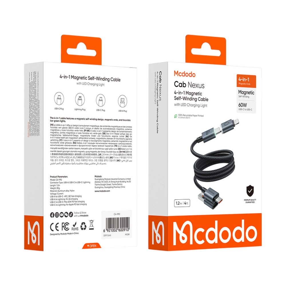 สายชาร์จ MCDODO 4-in-1 Magnetic Self-Winding with LED Charging Light 1.2m