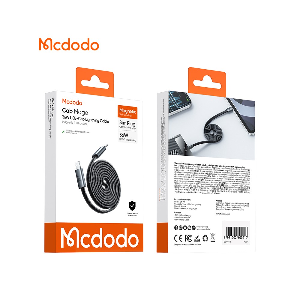 สายชาร์จ MCDODO USB-C to Lightning 36W Magnetic Self-Winding Cable 1M. Black (CA-9910)