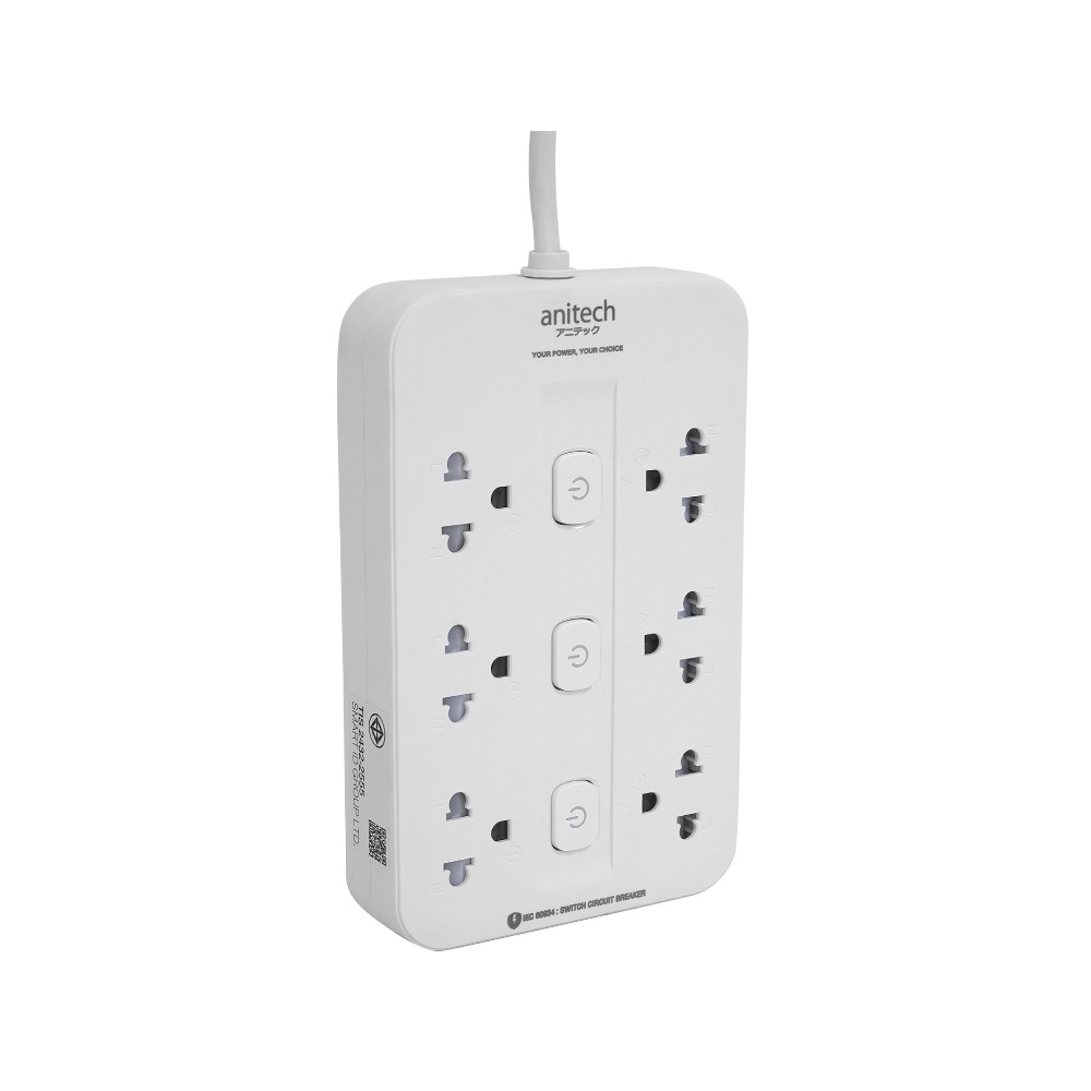 ปลั๊กไฟ Anitech TIS 2200W 6 Socket 3 Switch 3M H536 (White)
