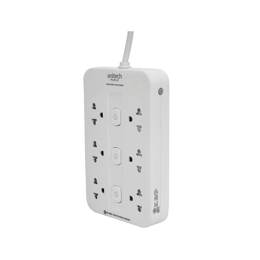 ปลั๊กไฟ Anitech TIS 2200W 6 Socket 3 Switch 3M H536 (White)