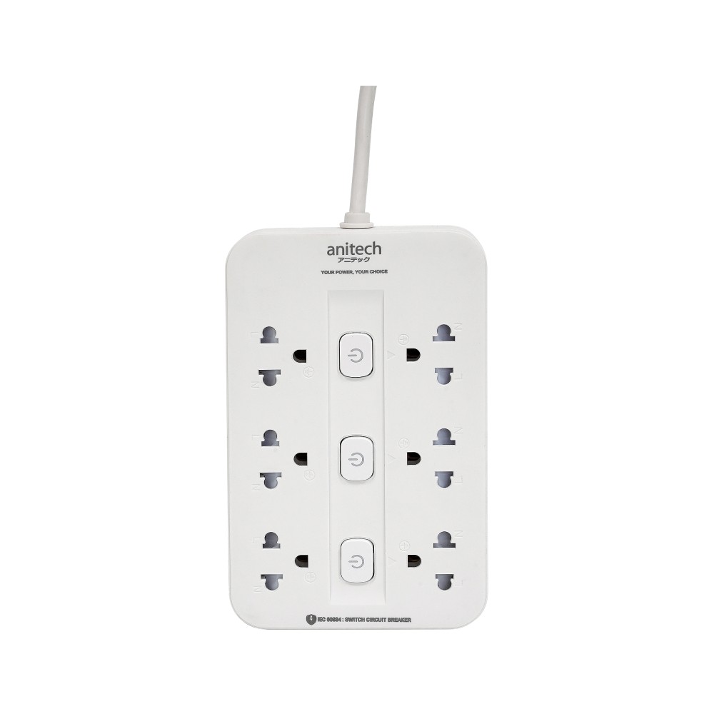 ปลั๊กไฟ Anitech TIS 2200W 6 Socket 3 Switch 3M H536 (White)