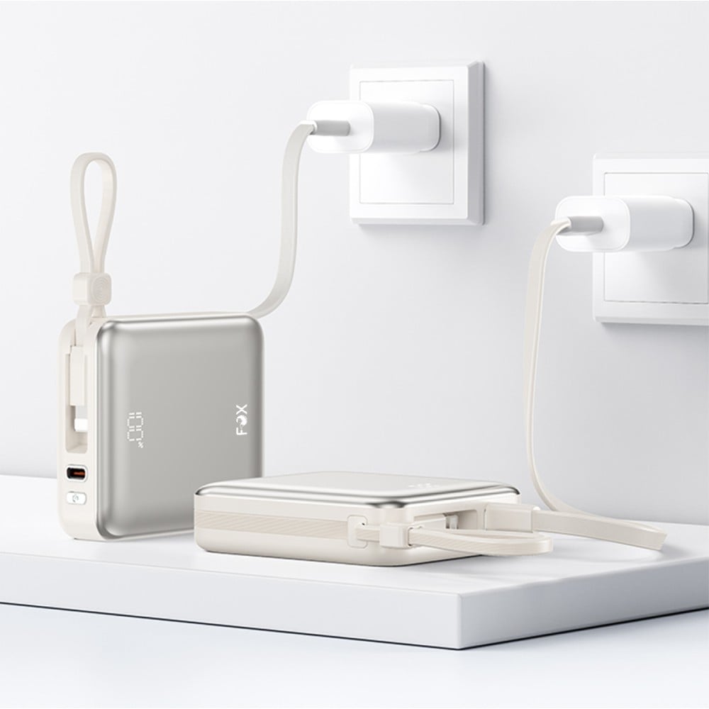 พาวเวอร์แบงค์ FOX Mini 3-in-1 Magnetic 10000mAh PD22.5W Fast Charging + 15W Wireless/Watch & Earbuds Output Built-in Type-C & Lightning Cables (PPAP10I) (CCC) Silver