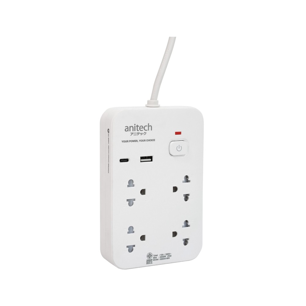 ปลั๊กไฟ Anitech TIS 2200W 4 Socket 1 Switch 3M USB-A+C PD20W H5534 White