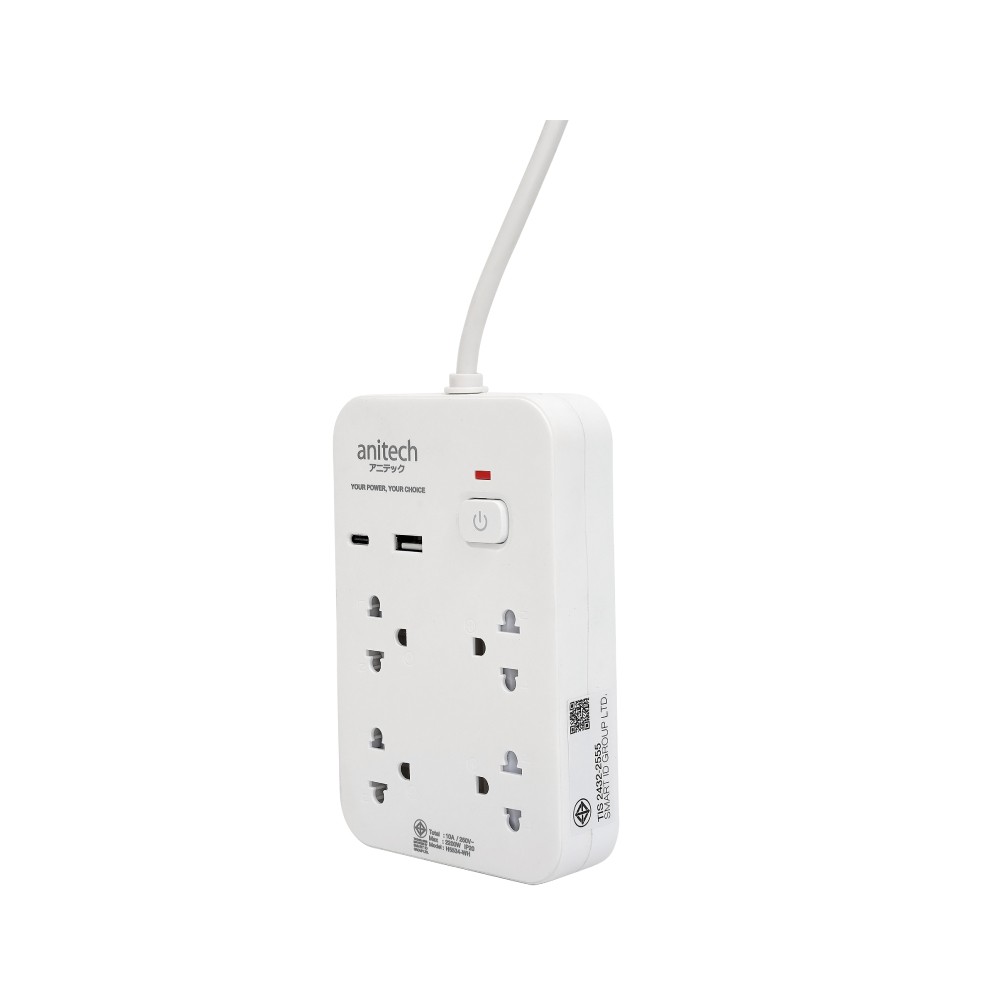 ปลั๊กไฟ Anitech TIS 2200W 4 Socket 1 Switch 3M USB-A+C PD20W H5534 White