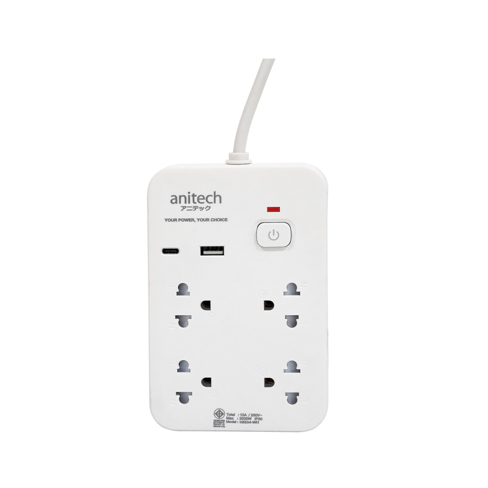 ปลั๊กไฟ Anitech TIS 2200W 4 Socket 1 Switch 3M USB-A+C PD20W H5534 White